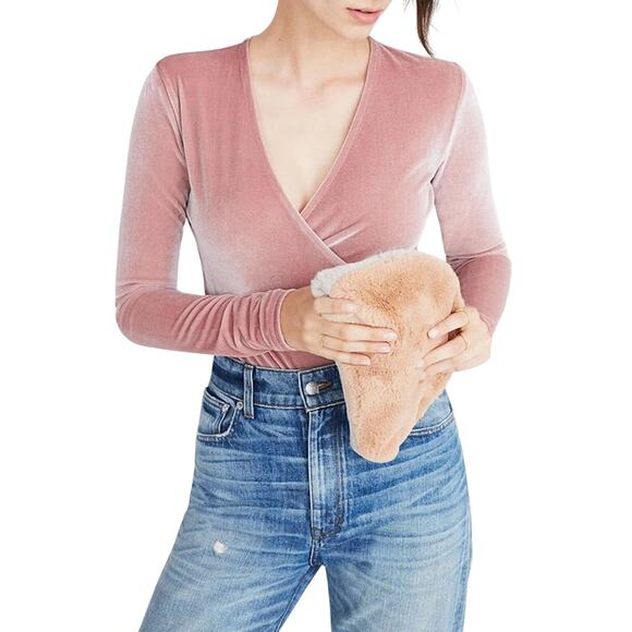 Madewell Pink Velvet Wrap Bodysuit Feminine Ballerina Size Small - Picture 1 of 10